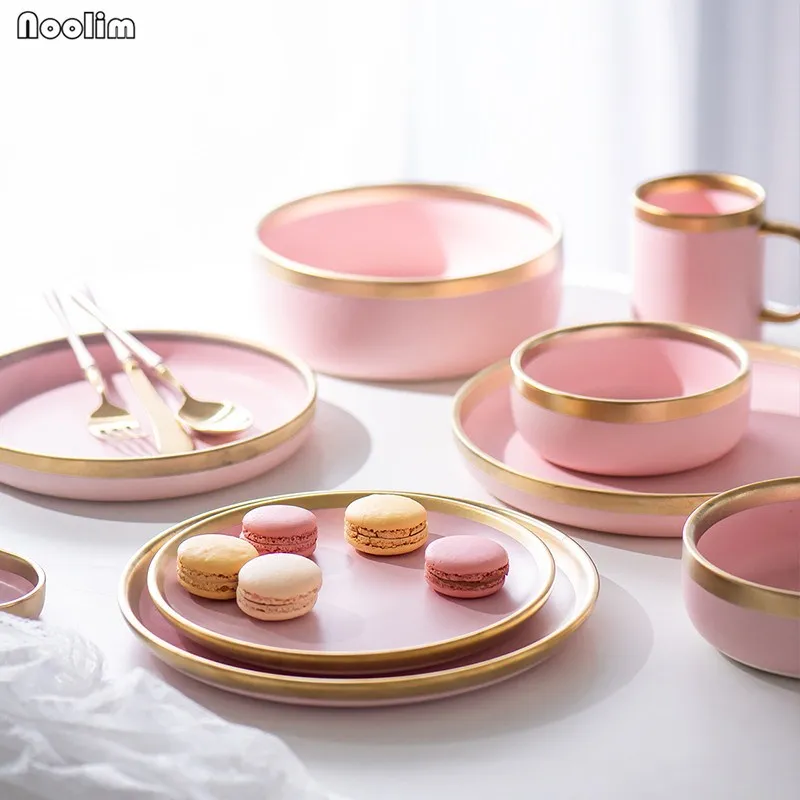 

NOOLIM Nordic Pink Phnom Penh Ceramic Tableware Household Western Dish Steak Plate Rice Bowl Noodle Soup Bowl Dinnerware