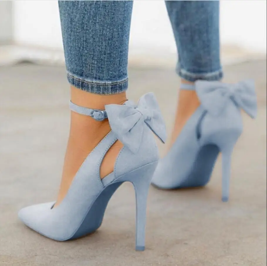 Wine Red Suede Pointed Toe Back Bowtie Women Thin High Heel Pumps Stiletto Party Shoes Plus Size 34 to 43