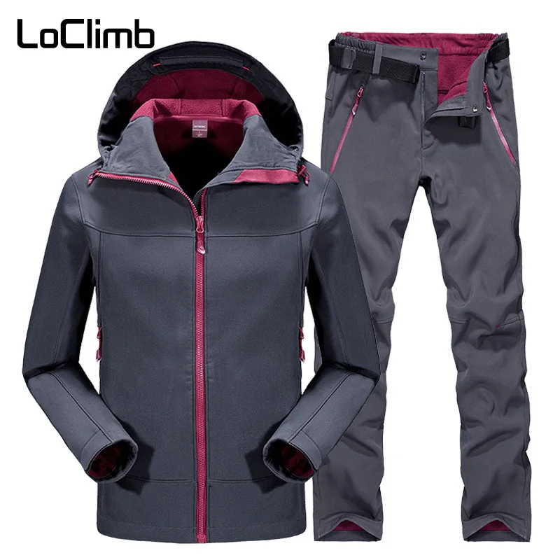 LoClimb de senderismo al aire libre pantalones de las mujeres de los hombres de invierno cálido Pantalones mujer Softshell chaqueta impermeable esquí Trekking pantalones traje AM091