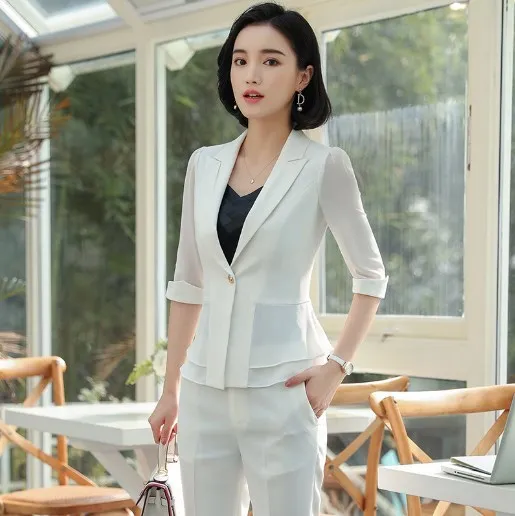 

Business Women Pencil Pant Suits Summer 2 Piece Sets Black White Blazer+Pant Office Lady Notched Jacket Female Outfits 4XL 5XL