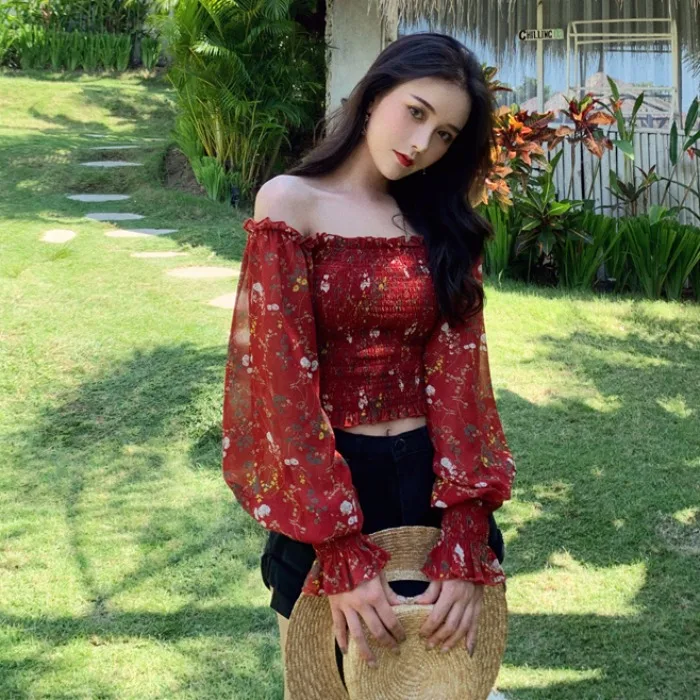 

Women Summer Vintage Floral Chiffon Print Short Crop Shirt Boho Beach High Waist Blouse Tops Blusas