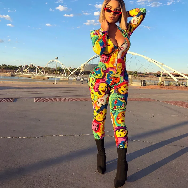 

New Sexy Deep V Neck Skinny Rompers Zippers Long Sleeve Fashion Face Print Womens Jumpsuit Female Streetwear Playsuit Clubwear