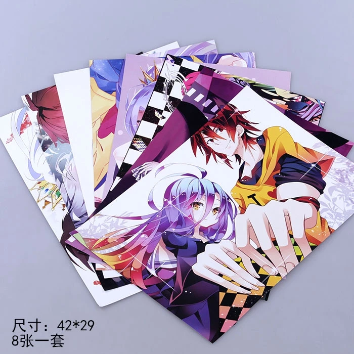 

8 pcs/Lot No Game No Life Toys Posters Sticker Included 8 Different Pictures Anime Poster Size: 42cm x29 CM