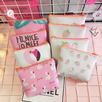 

1 Pcs Fashion Flamingo Strawberry Pattern Women PU Coin Purse Bag Girls Boys Mini Wallet PU Leather Stationery Card Holders