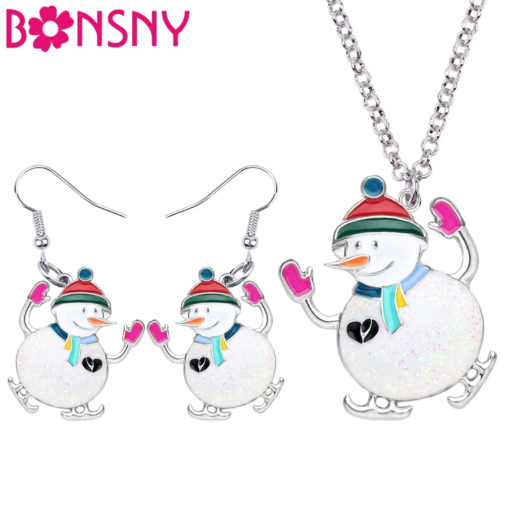 

Bonsny Enamel Alloy Christmas Skiing Snowman Jewelry Sets Drop Earrings Necklace Pendant New Year Decoration For Women Girl Gift