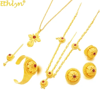 

Ethlyn Jewelry Dubai Gold Color Luxury Ethiopian Eritrean Red Stone Cross Pendant Wedding Jewelry Sets Habesha Gifts S209