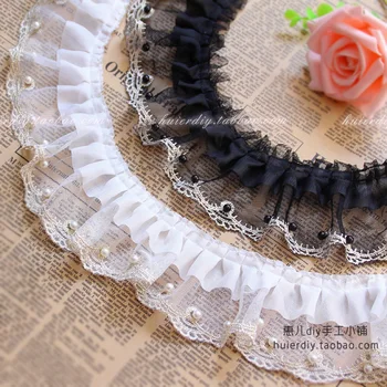 

3 M/lot 7 Cm Wide Fold Pearl Gold Lace Fabric Black and White Material Neckline Cuffs Hem Doll Led Accessories Lace Trim RS165