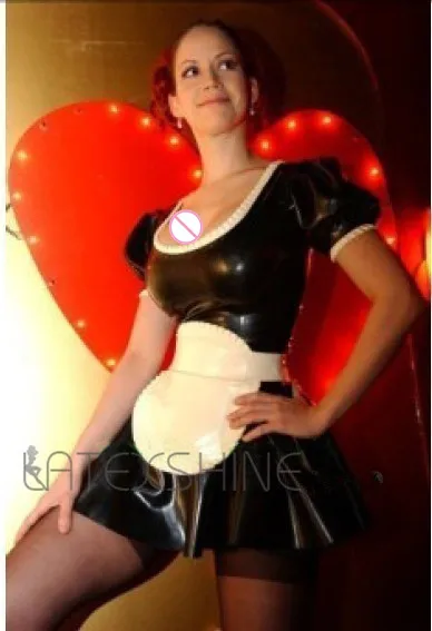 Black-Natural-Latex-One-piece-Sexy-Maid-Uniform-Costume-Dress