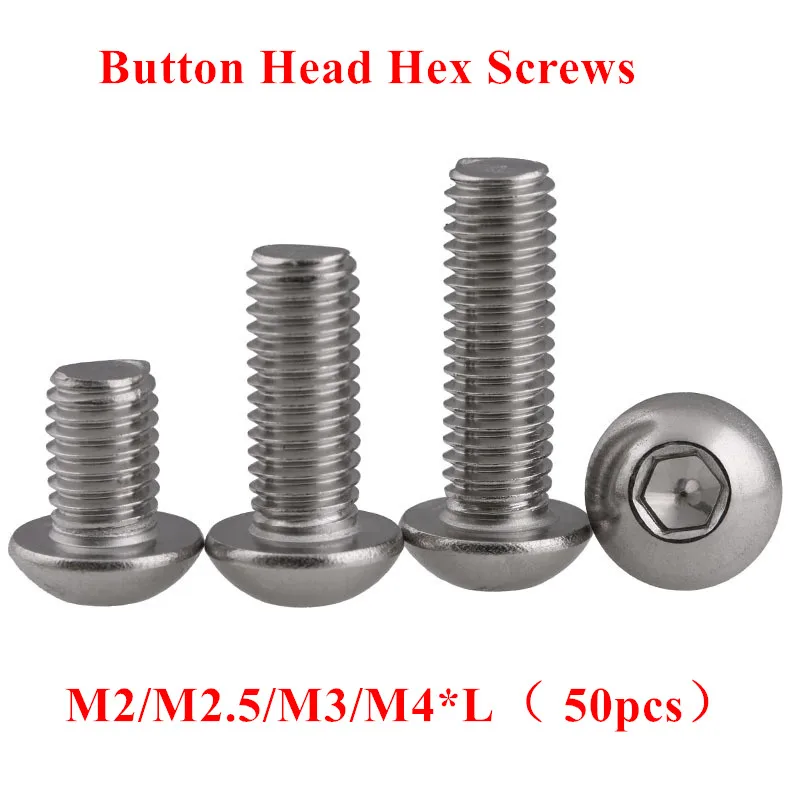 

50pcs M2 M2.5 M3 M4 M5 M6 ISO7380 Stainless steel 304 A2 Round Head Screws Mushroom Hexagon Socket Button Head Screws Bolts