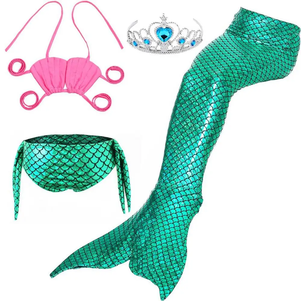 Комплект из 4 предметов, костюм с хвостом русалки, принцесса, сказка про Ариэль, платье и бикини, хвост русалки для купания для девочек, косплей, рождественский подарок - Цвет: 4pcs Mermaid Set 4