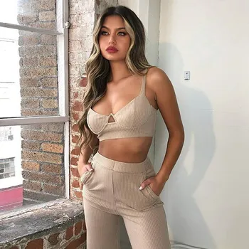 

Sexy Knitted Sleeveless Club Jumpsuit Women Fitness V Neck 2 Piece Suit Solid Summer Female Elegant Khaki Jumpsuits&Romper