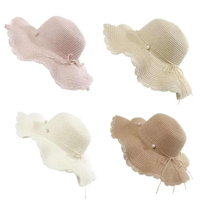 

Womens Summer Straw Weave Wide Wavy Brim Sun Visor Hat Scalloped Trim Imitation Bowknot Floppy Beach Travel Holiday Bucket Cap