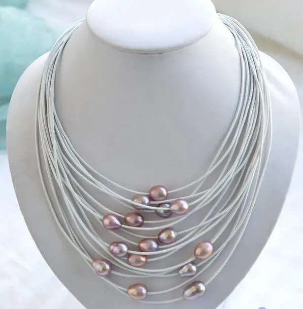 

3816 15row lavender rice pearl white leather necklace