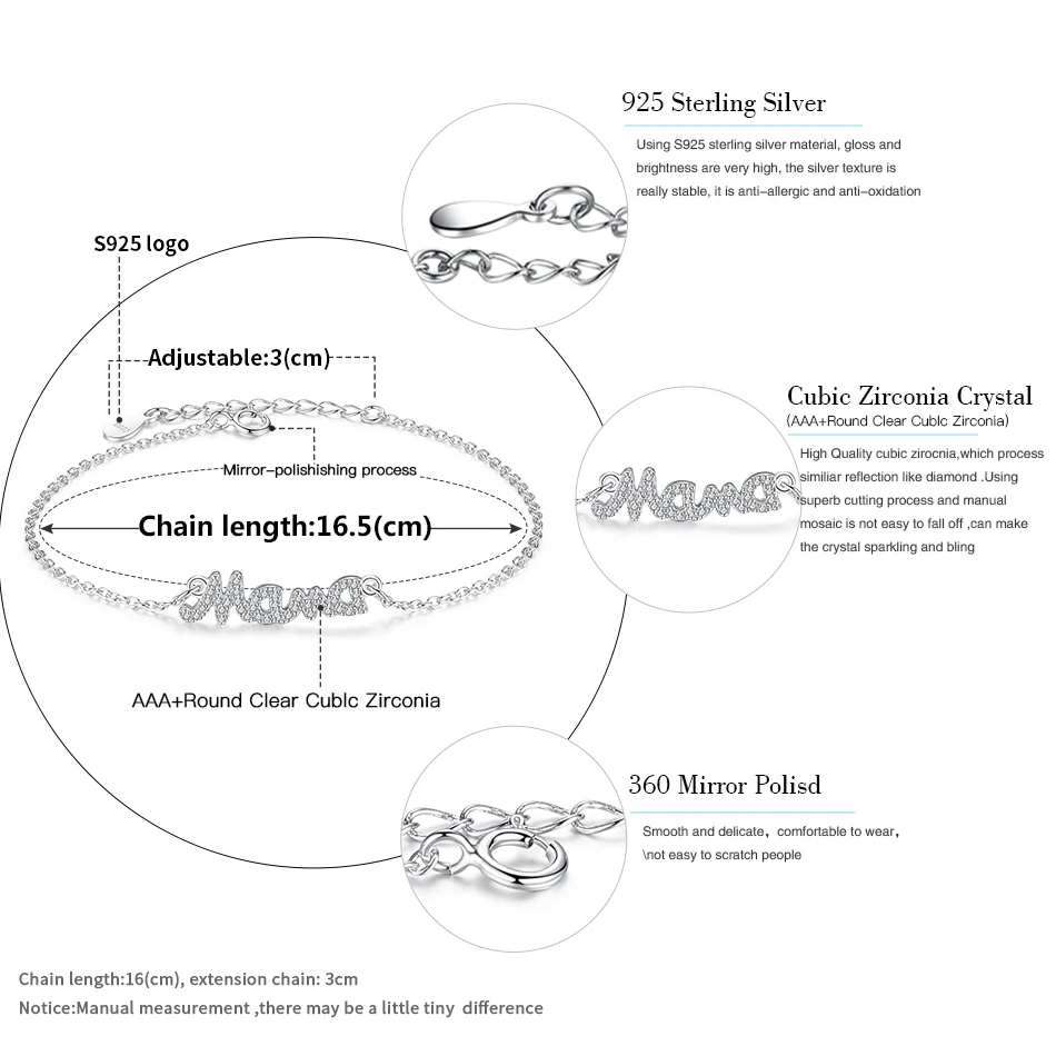 Брендовые 925 пробы серебряные ювелирные изделия браслет с австрийскими кристаллами звенья цепи браслеты подвеска с надписью мама Браслет для женщин подарок на день матери