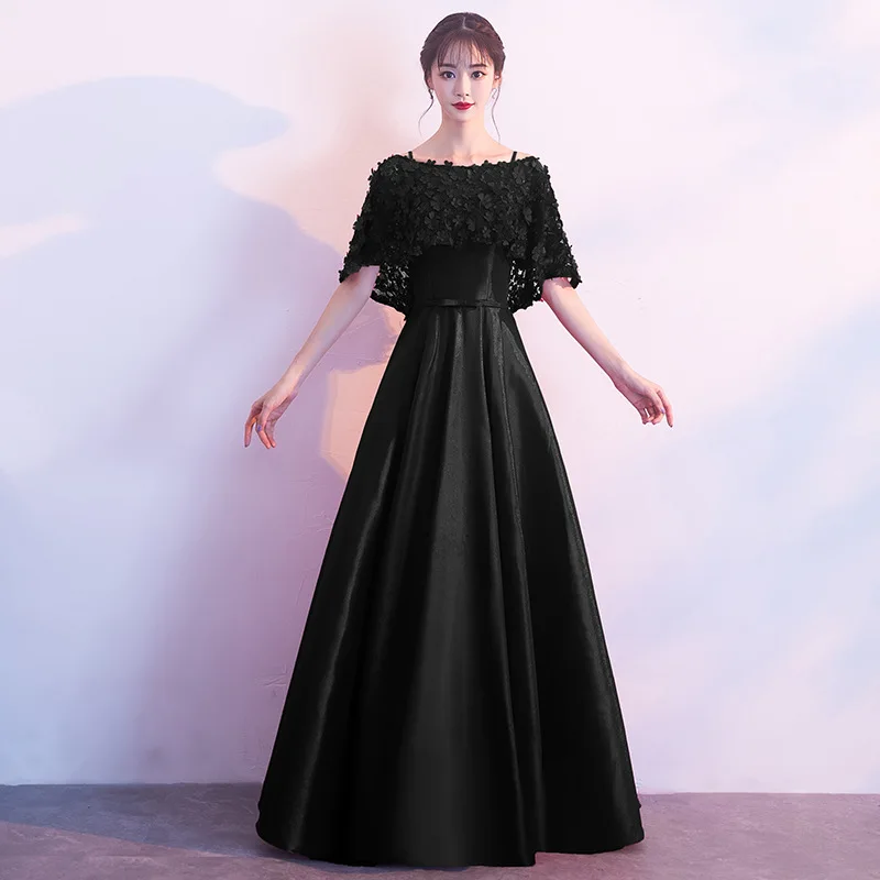 Вечернее платье на молнии, длина до пола, Черная шаль, модные вечерние платья, вырез лодочкой, короткий рукав, официальное женское длинное платье для выпускного вечера E051 - Цвет: Черный