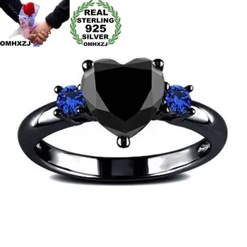 

OMHXZJ Wholesale European Fashion Woman Girl Party Wedding Gift Heart Black Blue AAA Zircon 925 Sterling Silver Ring RR361