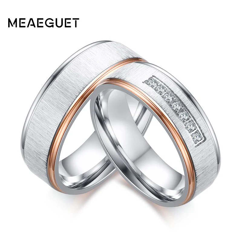 Meaeguet Silver Color Wedding Rings Cubic Zirconia Love Promise Couples Rings Set Stainless Steel Alliance Wedding Band