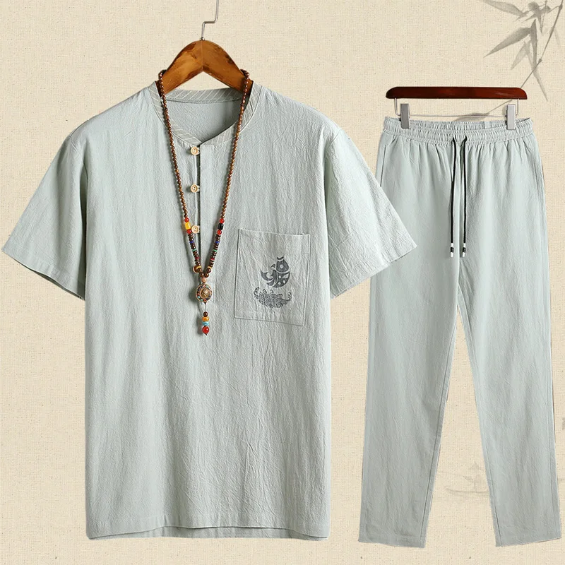 2019 Fashion New Men's Sportswear Suits Large size 5XL Mens Short Sets Summer Casual Solid Color Linen T-shirts+trousers 2 Piece