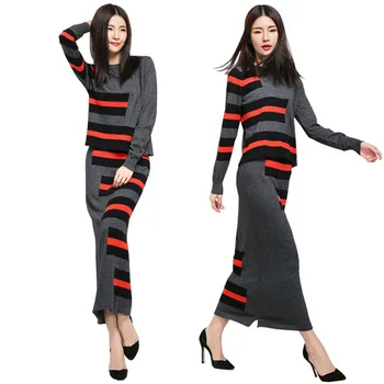 

Women Sweater Sets Striped Knitted 2 Piece Set Long Sleeve Pullover Sweater + Split Pencil Skirt Set Lady Knitting Skirt Suits