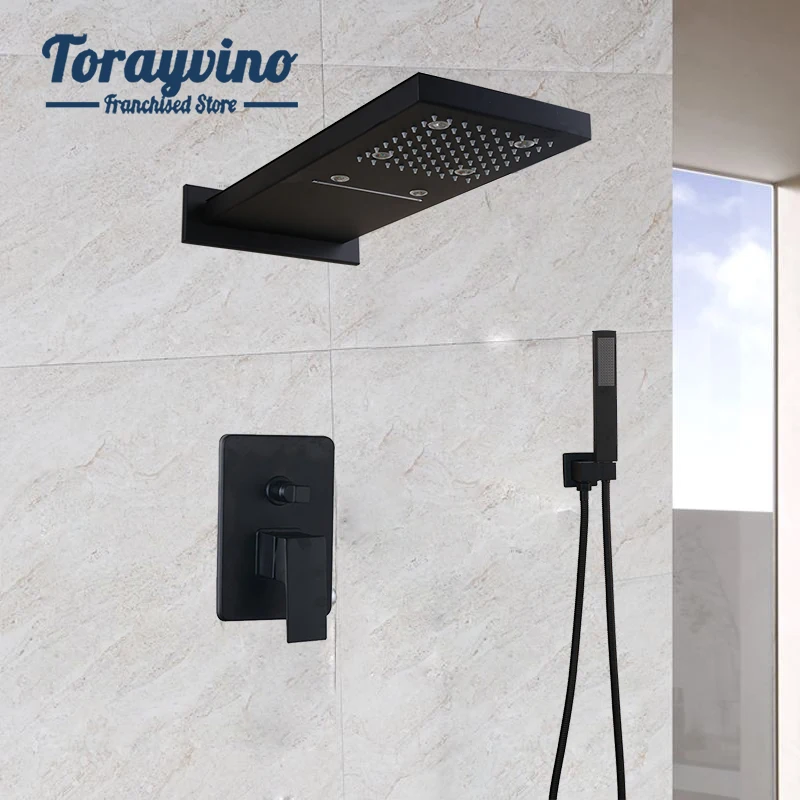 Torayvino светодиодный смеситель для душа для ванной комнаты, набор doccia, прямоугольная насадка, распылитель для дождевых осадков, с ручкой, смеситель, регулирующий клапан, ручной душ