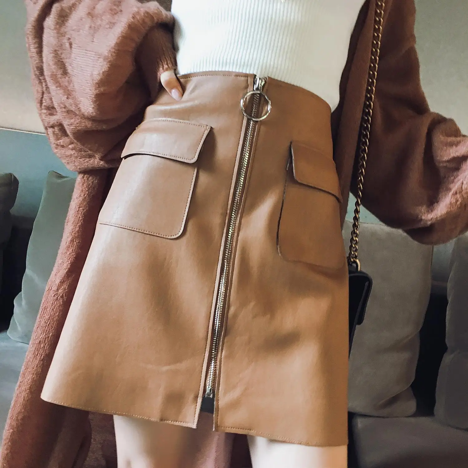 

2023 Autumn Spring Fashion Mini Pocket Zipper Decorated Elegant Leather Skirt Slim High Waist A-line Women Skirt Free Shippi