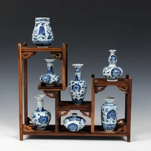 7 шт. вазы и Деревянный Комплект полок китайская ручная роспись синий и белый фарфор керамическая мини маленькая декоративная ваза
