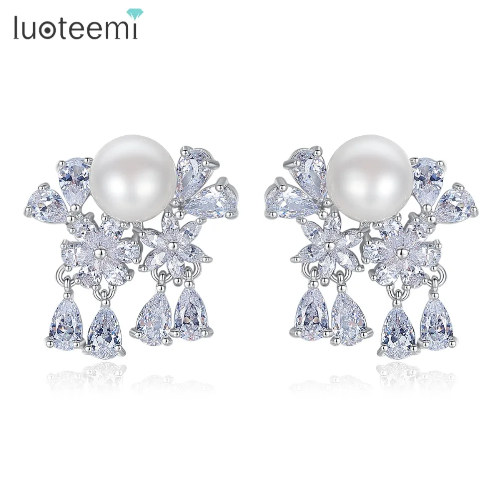 

LUOTEEMI Sweet and Lovely Exquisite Fashion Imitation Pearl Stud Earrings with Cubic Zircon Flower Shape For Women Party Jewelry