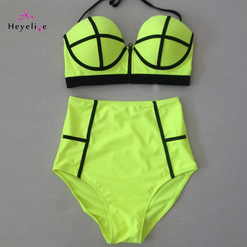 Preise Sexy Hohe taille Bikini Set Badeanzüge Frauen Push Up Bikinis HighWaist Zipper Badeanzüge Vintage Bademode Retro Biquinis