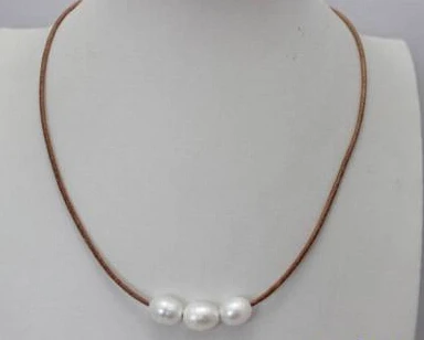 

3beads Primary color Genuine Leather white Freshwater Pearl Necklace17"Beauty