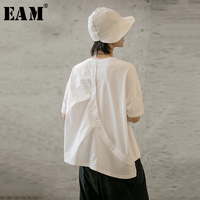 

[EAM] 2019 New Spring Summer Round Neck Short Sleeve Whte Back Button Split Joint Loose Big Size T-shirt Women Fashion JX616