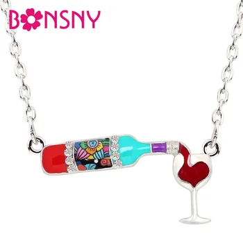 Bonsny Statement Enamel Floral Red Wine Bottle Glass Necklace Chain Alloy Rhinestone Pendant For Women Girls Party Jewelry Gift
