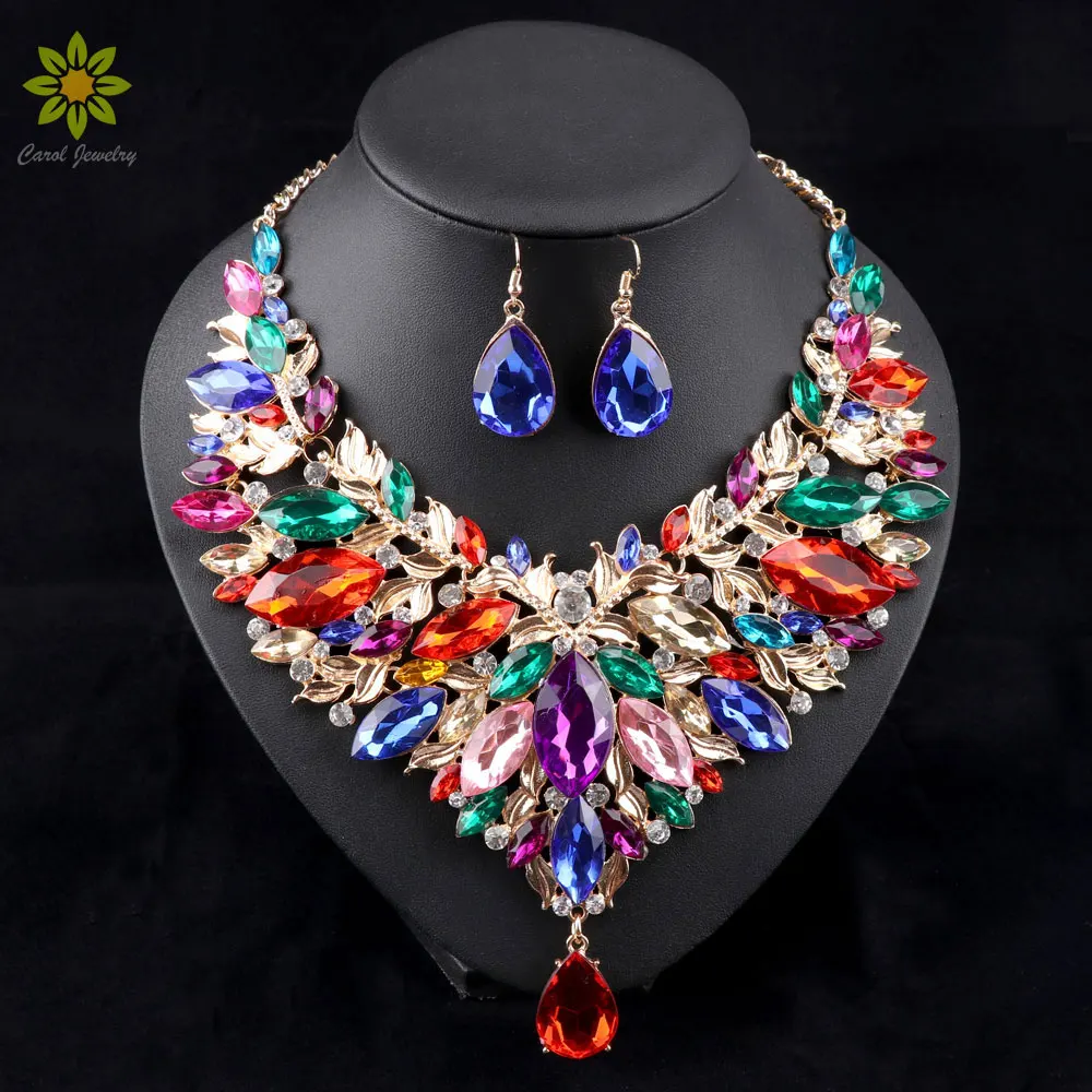 Африканский ювелирный набор, свадебное ожерелье, женский ювелирный набор золотого цвета, ожерелье и серьги, 6 цветов