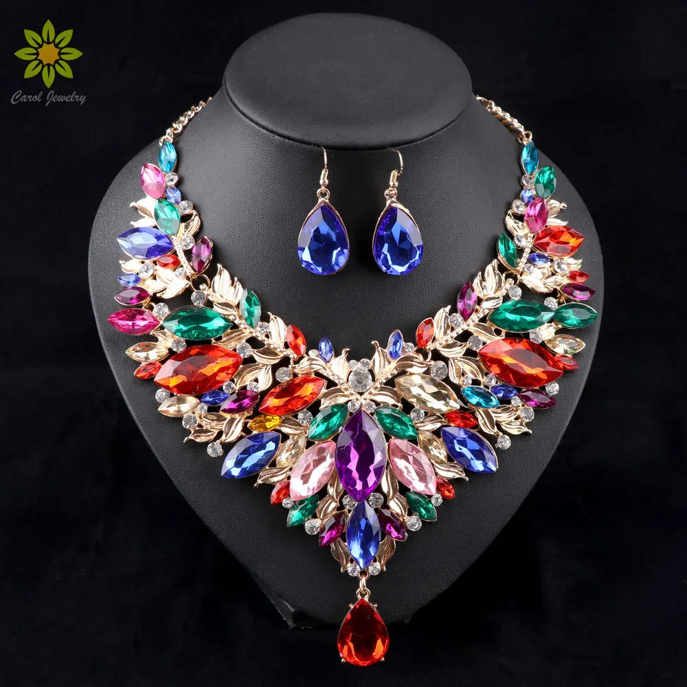 

2017 African Jewelry Sets Wedding Necklace Womens Jewellery Set Gold Color Necklace And Earrings 6Colors