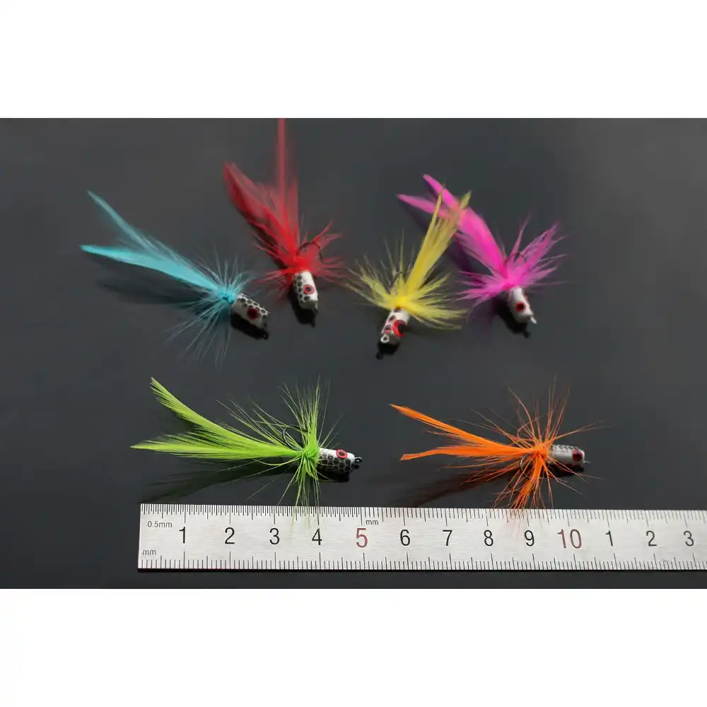 12 pcs 6 colors Hackle Body Tail Foam Head Popper Bass Fly Fishing Flies Lures