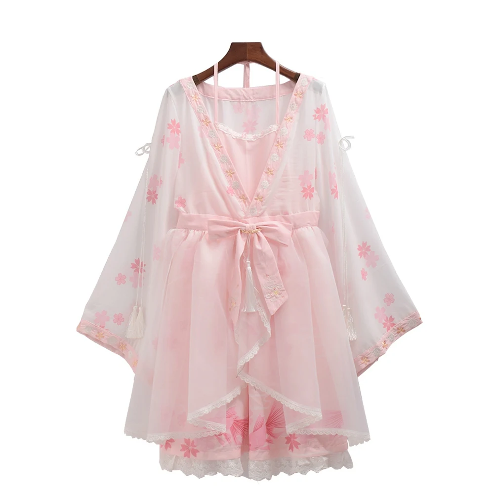 Великолепное кимоно лолита платье женщин Розовый фантазия Сакура вышитые Halterneck кимоно костюм - Цвет: Розовый