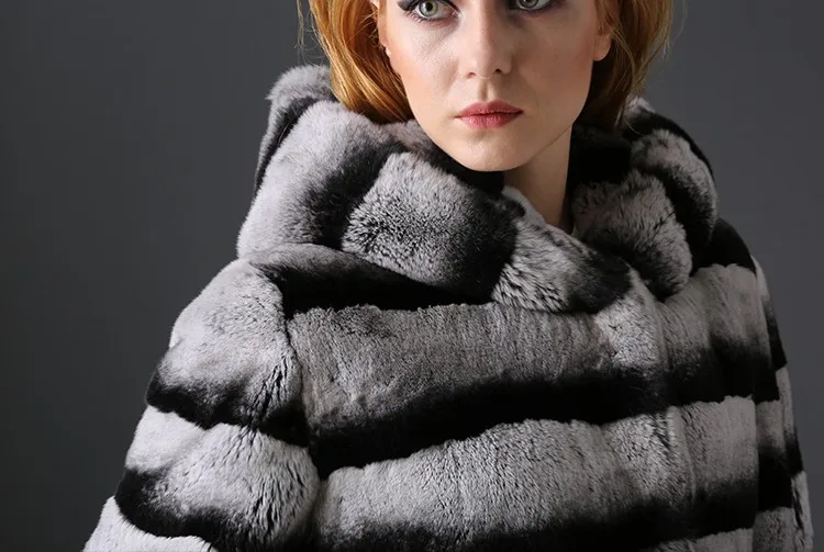 Европейская мода Настоящее Шиншилла натурального меха кролика рекс пальто с мехом роскошные женские пальто куртка с капюшоном зимние