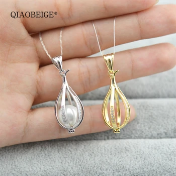 

QIAOBEIGE 925 sterling silver Fashion Pearl Pendant Mountings, bird cage pendant Findings, open Settings no hole pearl Accessory