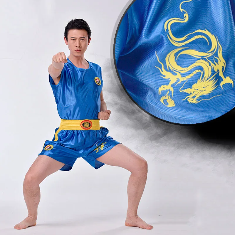 Billige Unisex Bruce Lee Wushu Kleidung Kung Fu Uniform Sanda Wu Shu Kleidung Martial Arts Set Boxen Shorts Anzug Mit Bestickt drachen