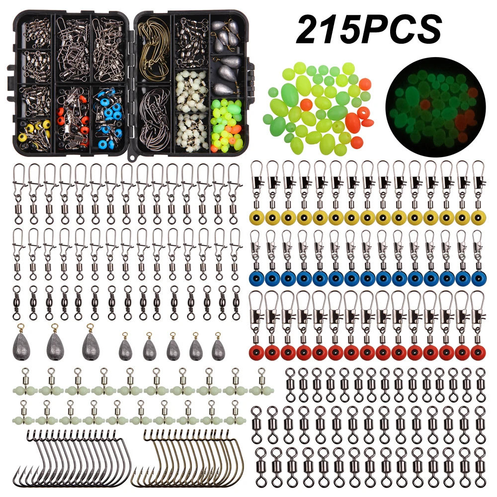 

215Pcs/Box Fishing Tackle Accessories Kit With Fishing Swivels Snaps Hooks Sinkers Beads For Freshwater Fishing