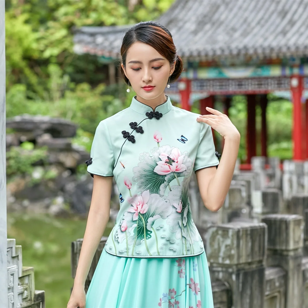 Шэн Коко зеленые цветы Топы Рубашки китайский Cheongsam блузка с принтом лотоса Mujer