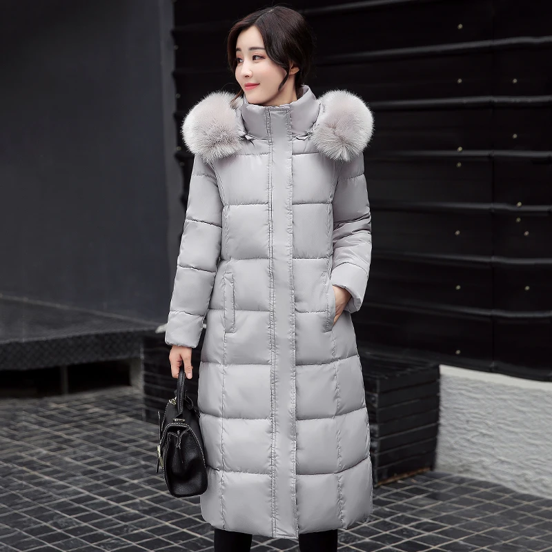 Высокое качество, женская зимняя длинная куртка, теплая, утолщенная, с капюшоном, с мехом, Женская стеганая парка, стоячий воротник, Женское пальто