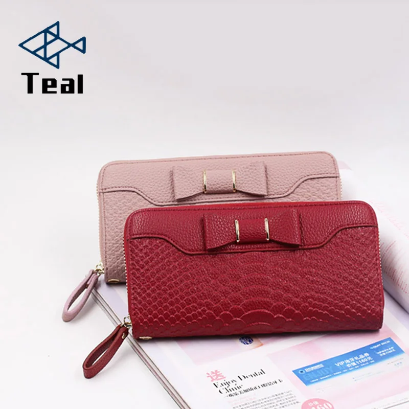 

Women Purse pu Leather Bow pattern Long Wallets Pink Lady Card holder female High quality Purse Zipper Belt 2018 Fashion