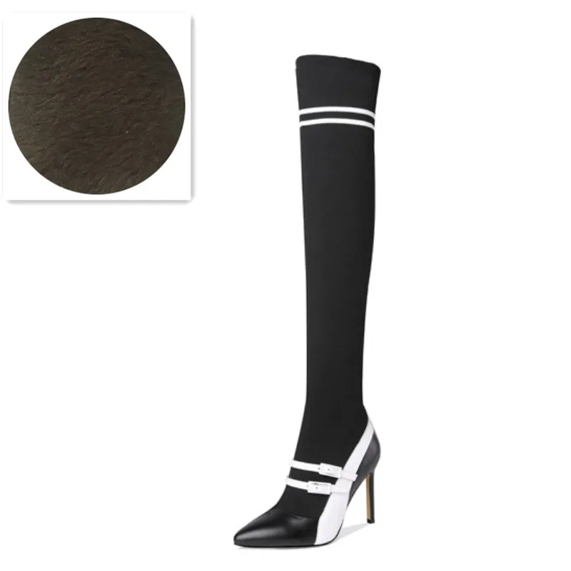 Mcacchi/высококачественные женские Сапоги выше колена сапоги из натуральной кожи с острым носком на тонком каблуке обувь черного и белого цвета женская обувь, размер 33-41 - Цвет: Black 1