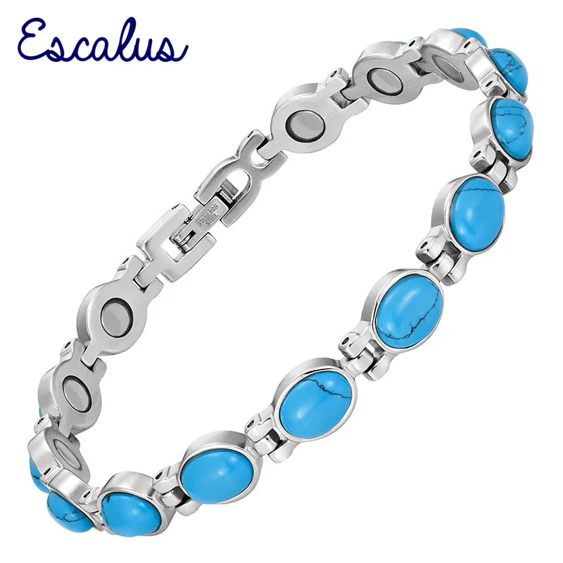 

Escalus Blue Semi-Precious Stone Jewelry Magnetic Bracelet For Women Silver Color Stainless Steel Charm Bracelet for Arthritis