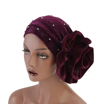 

2019 Muslim Velour bead Stretch Turban Ruffle Hair Hats Beanie Bandanas Scarf Head Wrap Headwear for Women 32