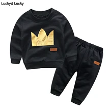 Одежда для новорожденных; хлопковая футболка и штаны; модная детская одежда с принтом в виде черной короны; комплект одежды с длинными рукавами для малышей