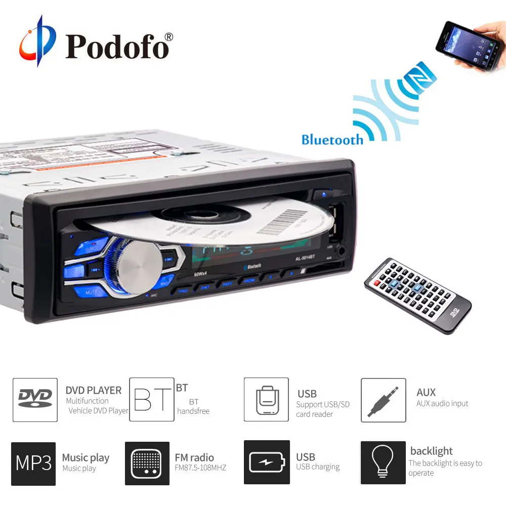 

Podofo Car Radio Audio Stereo MP3 Players DVD CD Player 1DIN 12V Car Handfree Indash Autoradio BT with Remote Control DVD Player