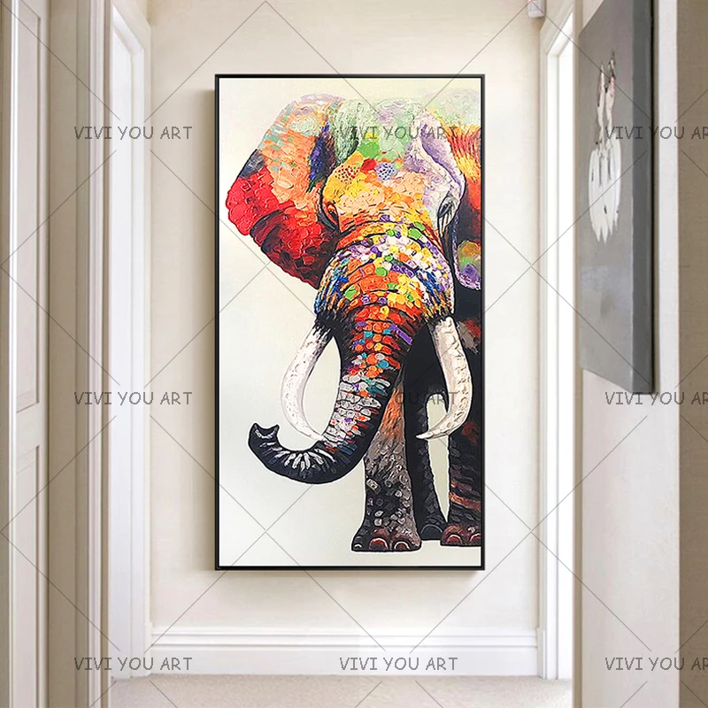 

Handpainted Knife Elephant Wall Art Modern Abstract Acrylic Paintings Animal Oil Painting on Canvas For Living Room Decor