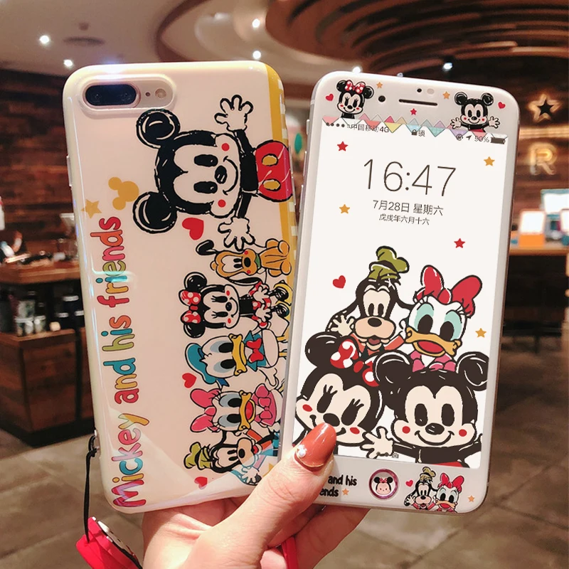 cute Minnie For iPhone 7 case & tempered glass color film for iPhone 7 8 6 6s plus Mickey mouse phone cover couple gifts + strap