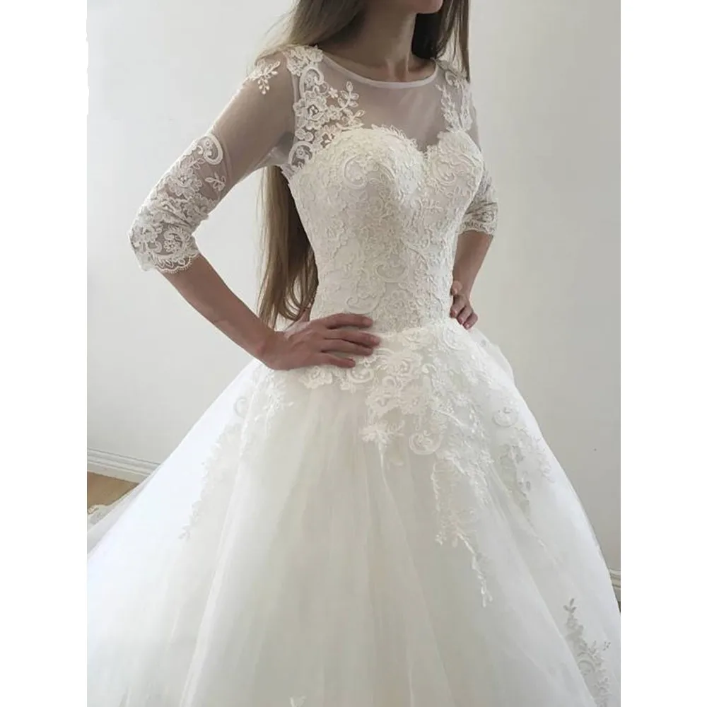 Vestido De Noiva, бальное платье принцессы, коллекция 3/4 года, кружевное свадебное платье с длинными рукавами, недорогое кружевное платье с жемчужинами и пуговицами на спине, Robe de Mariee